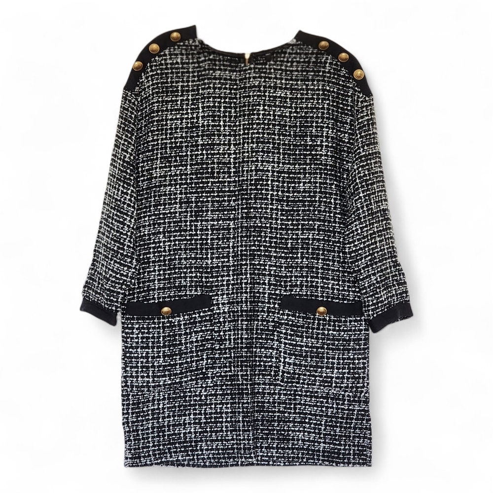 Zara Black & White Tweed Dress with Gold Buttons Size M